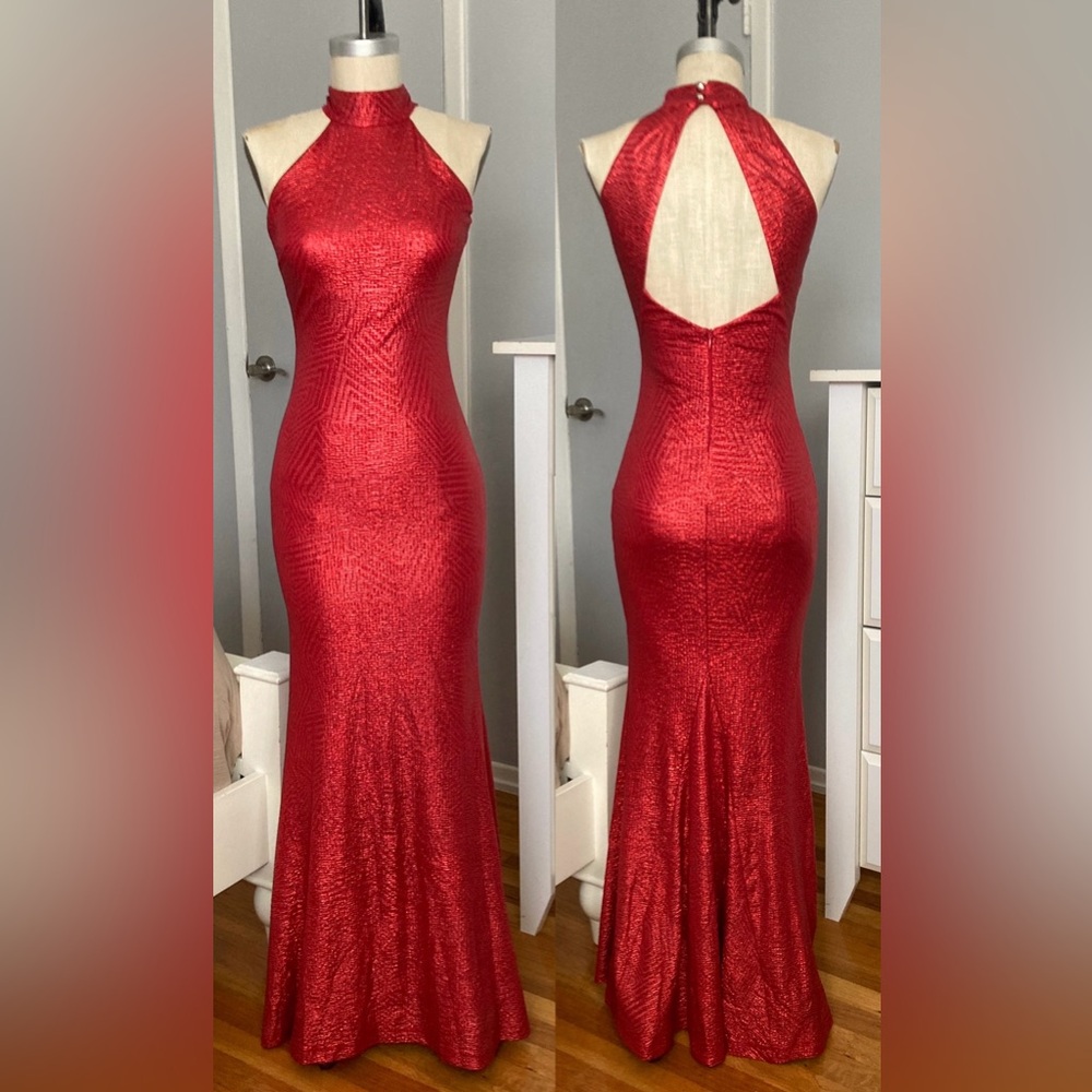 Womens red metallic stretch halter/ open back dress in size S.
